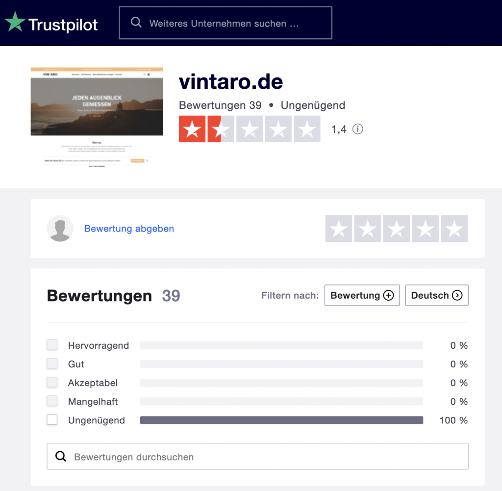 Trustpilot Bewertungen von Vintaro.de